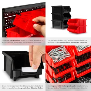 Tectake Wandregal Set mit roten und schwarzen Stapelboxen zur Werkzeugaufbewahrung.