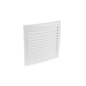 Weißes Außengitter mit Rundanschluss System 150 und Fliegennetz.