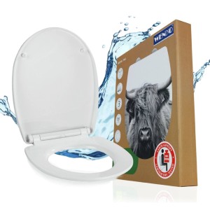 WENKO WC Sitz Mod. Yak Motiv, weiß, mit Absenkautomatik. Ovaler Toilettensitz aus Thermoplast, Rinderkopf auf Verpackung.