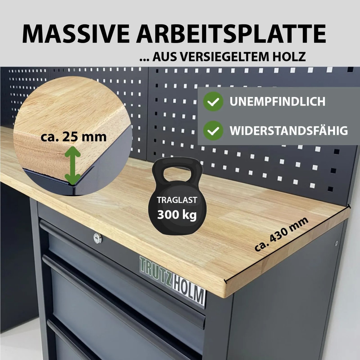 Detailaufnahme TRUTZHOLM Werkstattwand mit massiver Holzarbeitsplatte und Werkzeugschrank in Anthrazit.