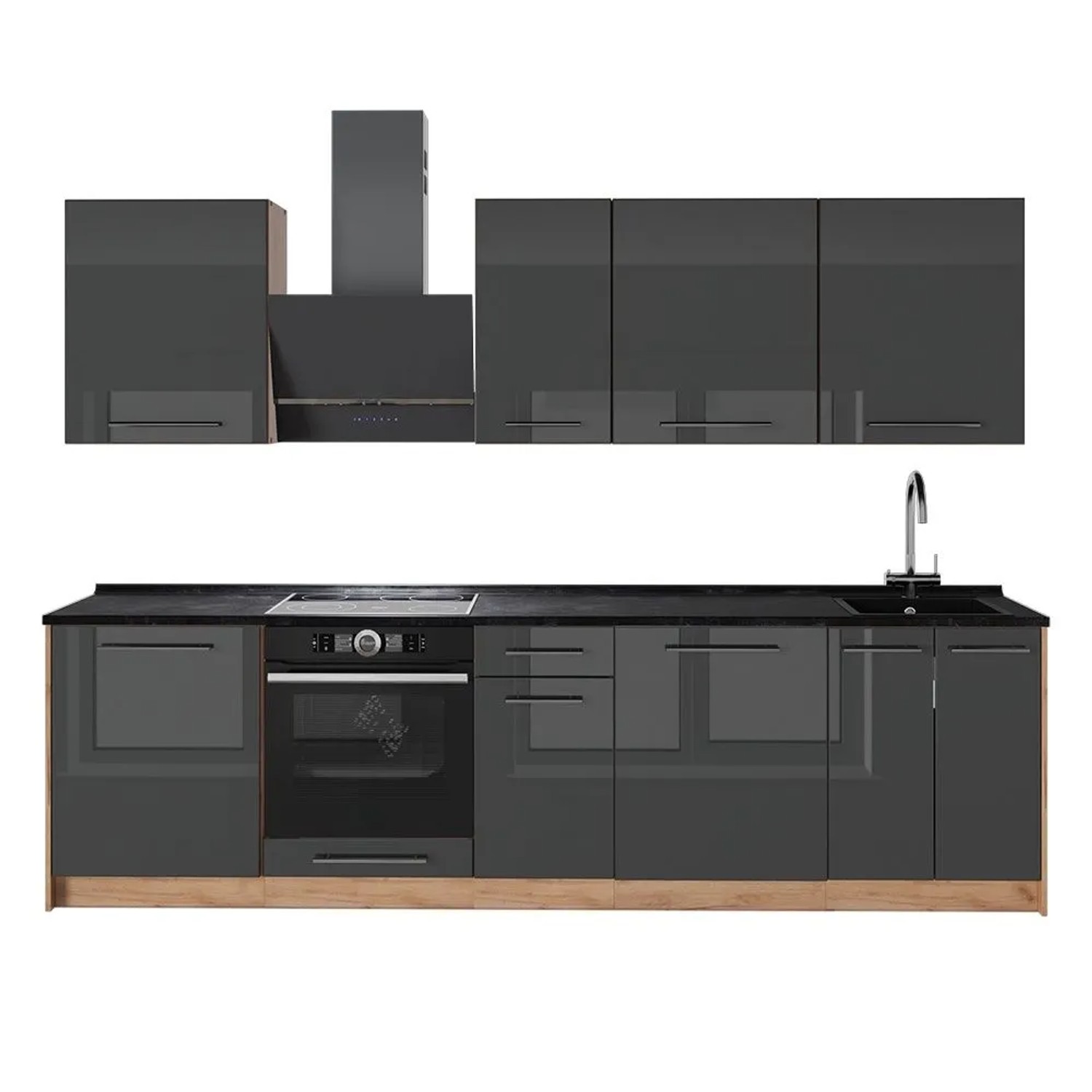Vicco Küchenzeile Fame-Line Anthrazit Hochglanz/Goldkraft Eiche 280 x 82 AP Anthrazit Art Nr 64188