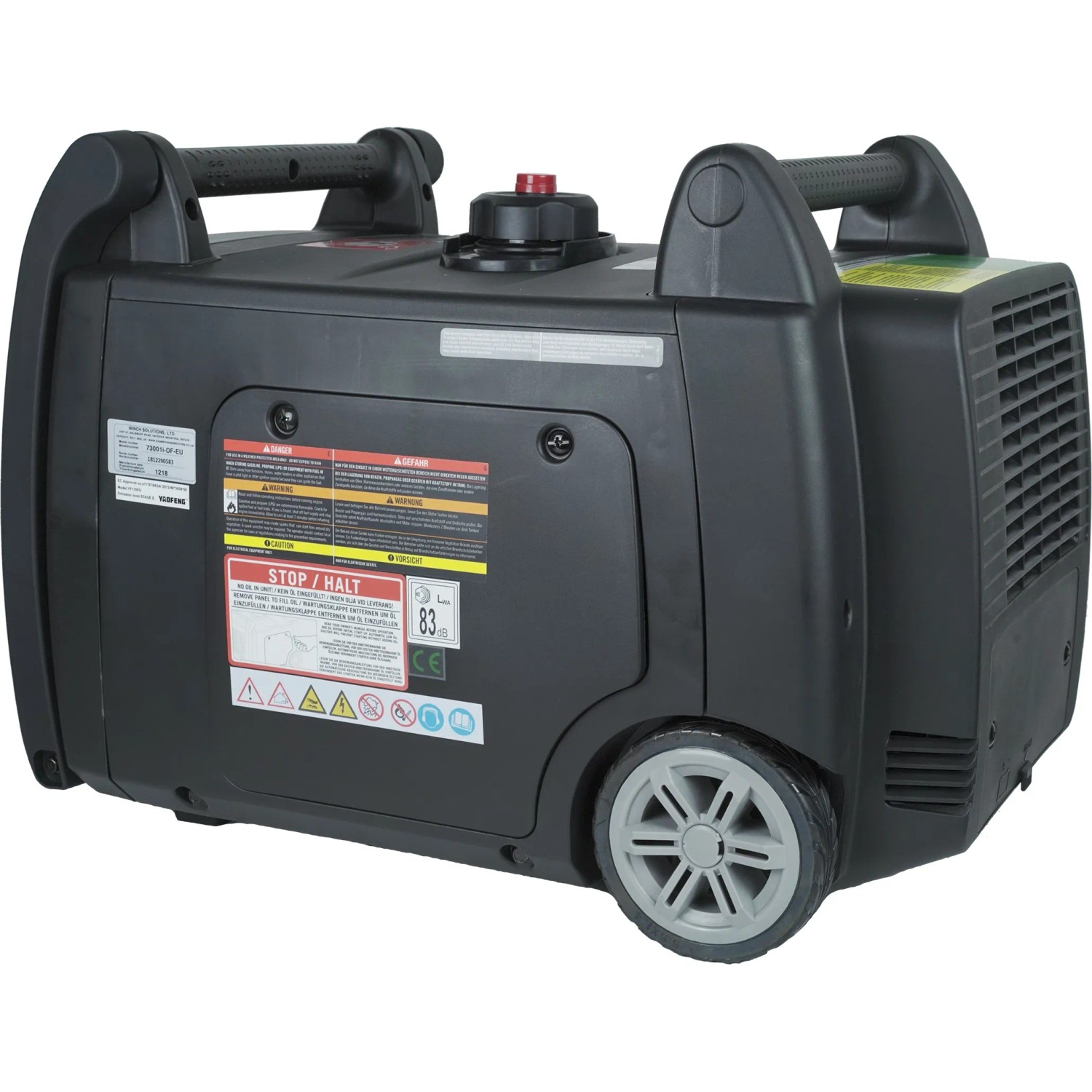 Champion Stromerzeuger Inverter 73001I-DF-EU DualFuel mit Rädern, seitliche Ansicht.