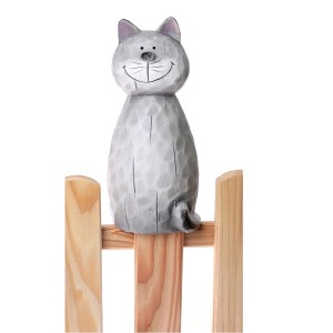 Creme-graue Deko-Zaunfigur Katze aus Terracotta, 22 cm hoch, als Gartendeko.