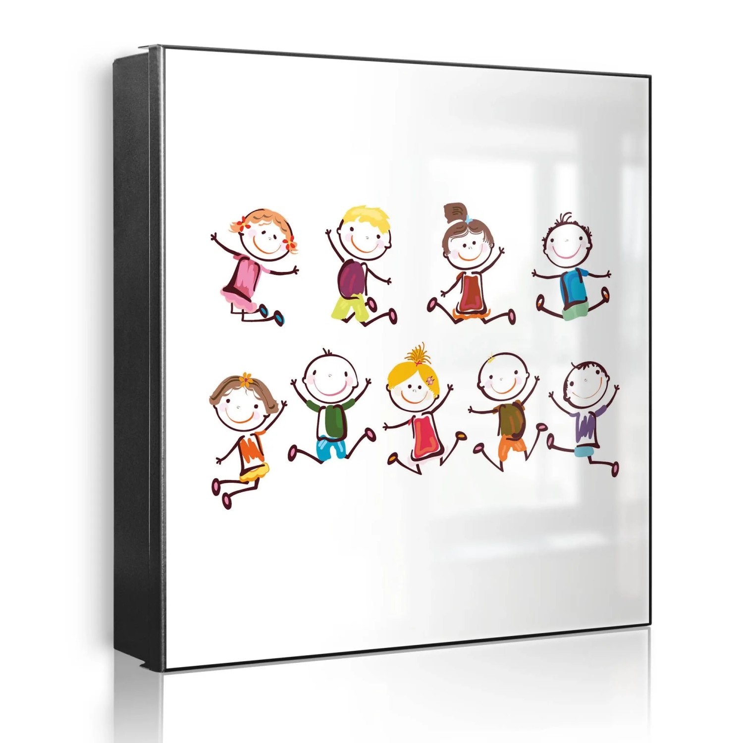 Banjado Großer Schlüsselkasten Metall 30x30cm Schwarz Scharnier Rechts 32 Haken Beschreibbar Magnetisch Motiv Happy Kids