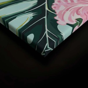 Wandbild mit tropischen Blättern und Hibiskusblüte in Neonfarben, Detailansicht.