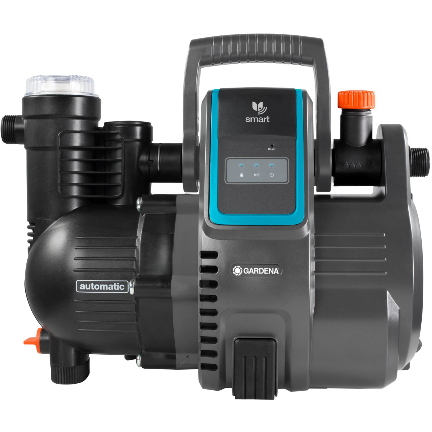 Gardena smart Haus- und Gartenautomat 5000/5: Graue Gartenpumpe mit Tragegriff und digitaler Steuerung.