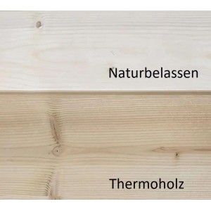 Detailaufnahme: Finntherm Fasssauna Carrie, Vergleich naturbelassenes Fichtenholz und Thermoholz.