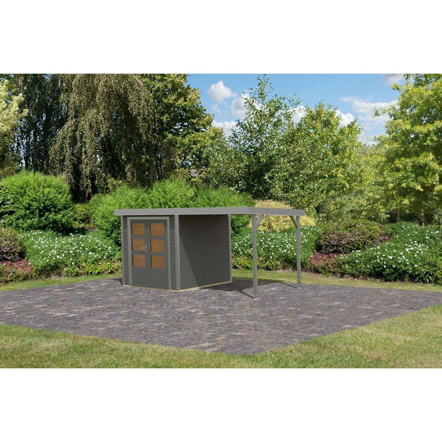 Karibu Gartenhaus Ernesto B m. Anbaudach Terragrau/Grau 208,5 x 209 x 213 c günstig online kaufen