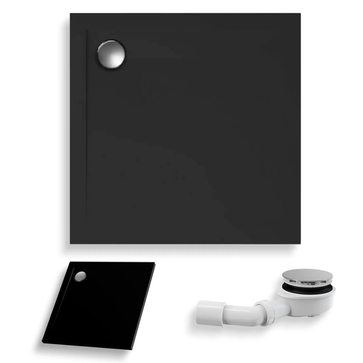 KOLMAN DUSCHWANNE Quadratisch Schwarz Steinoptik 90x90 cm Set mit Ablaufgarnitur