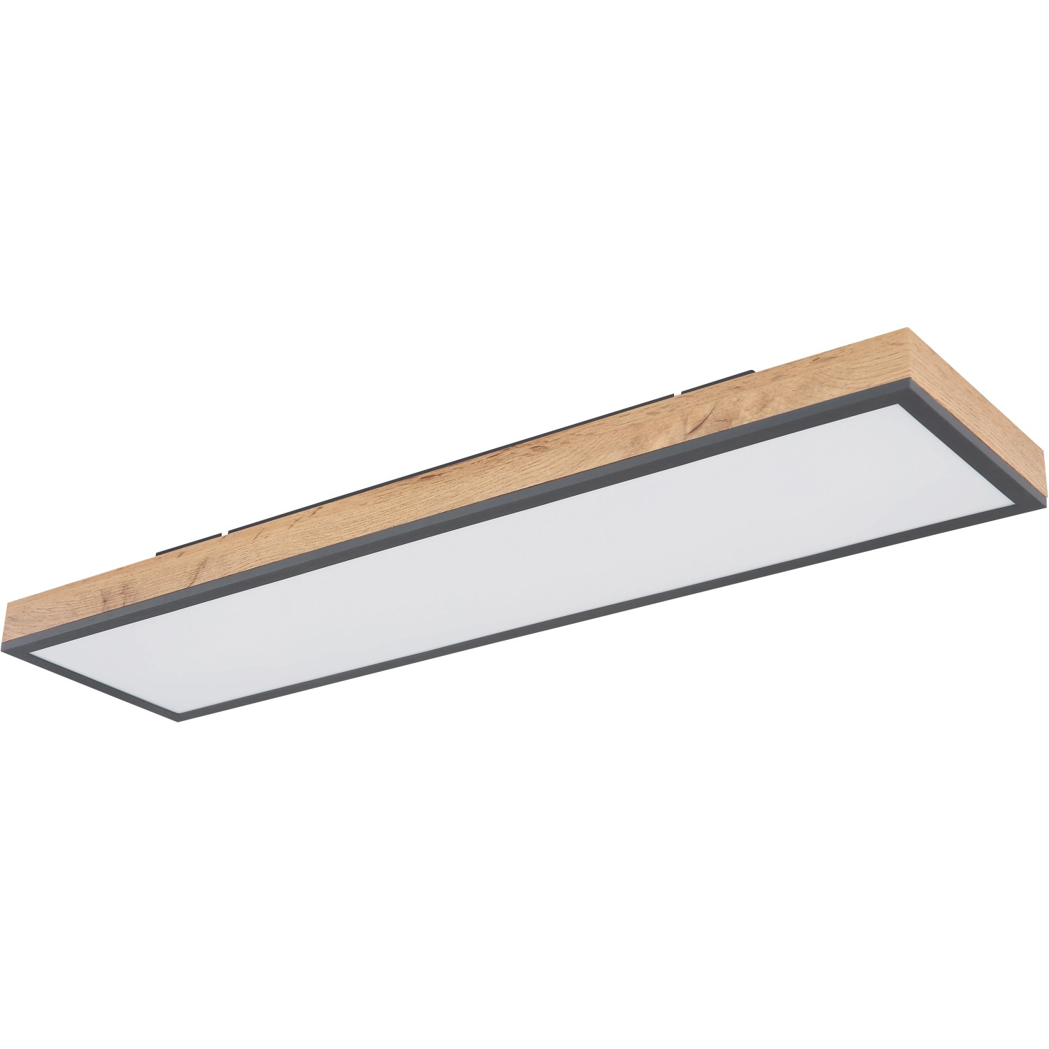 Rechteckige LED-Deckenleuchte Doro mit Holzrahmen und Fernbedienung.