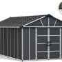 Großes, anthrazitfarbenes Palram Metall-Gerätehaus Yukon mit Doppeltür und Satteldach.