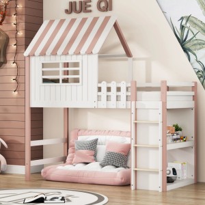 Rosa-weißes Massivholz Hausbett 90x200cm für Kinder mit Dach, Leiter und Regal. Gemütlicher Schlaf- und Spielbereich.