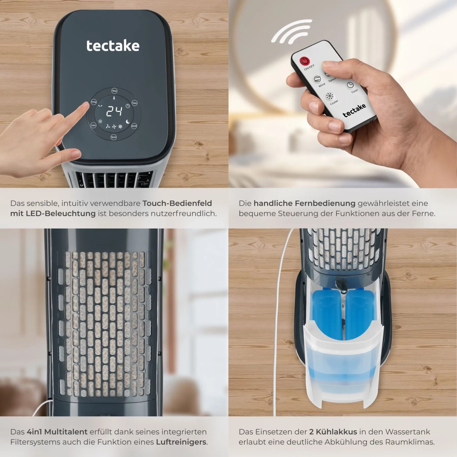 Tectake Luftkühler Alaska: Mobiles Klimagerät mit Touch-Bedienfeld, Fernbedienung und Kühlakkus.