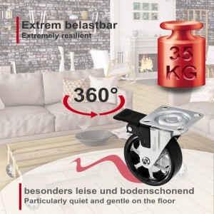 SOTECH Lenkrolle RAPID Ø75 mm schwarz mit Bremse. Belastbar bis 35 kg, 360° drehbar, leise & bodenschonend.