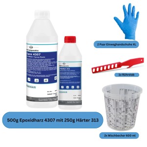 DD Composite Epoxidharz Set 750g mit Harz, Härter, Mischbechern, Rührstab und Handschuhen.