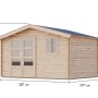 Karibu Gartenhaus Arosa, unbehandeltes Holz mit Satteldach und Maßangaben.