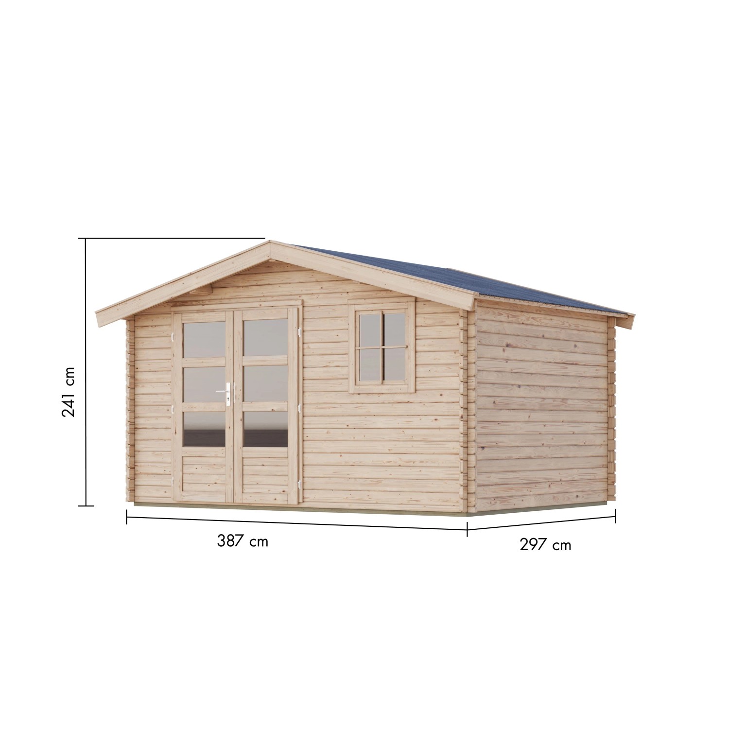 Karibu Gartenhaus Arosa, unbehandeltes Holz mit Satteldach und Maßangaben.