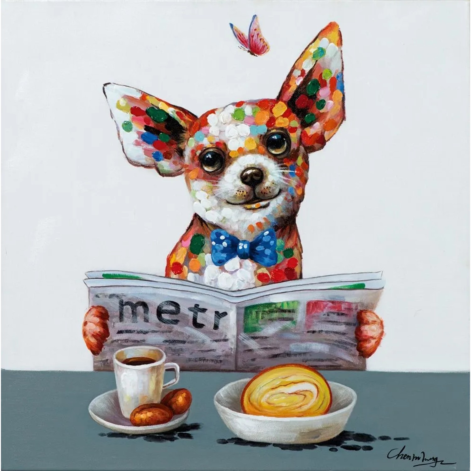Art Universe Leinwandbild Chihuahua Hund Frühstückt 60 x 60 cm