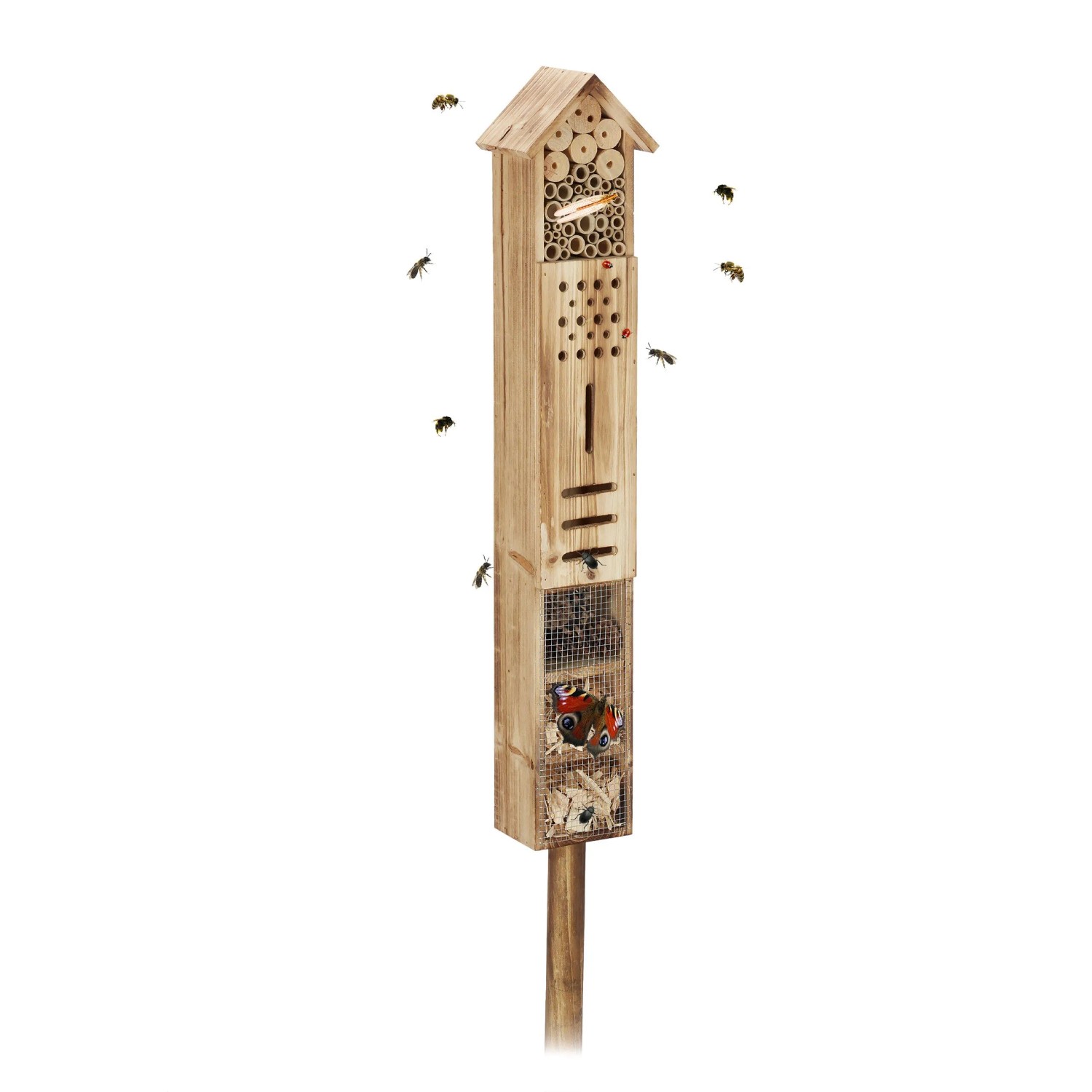 Relaxdays Insektenhotel Tannenholz Bambus Natur mit Ständer 150 cm x 15,5 cm x 11 cm 1,9 kg