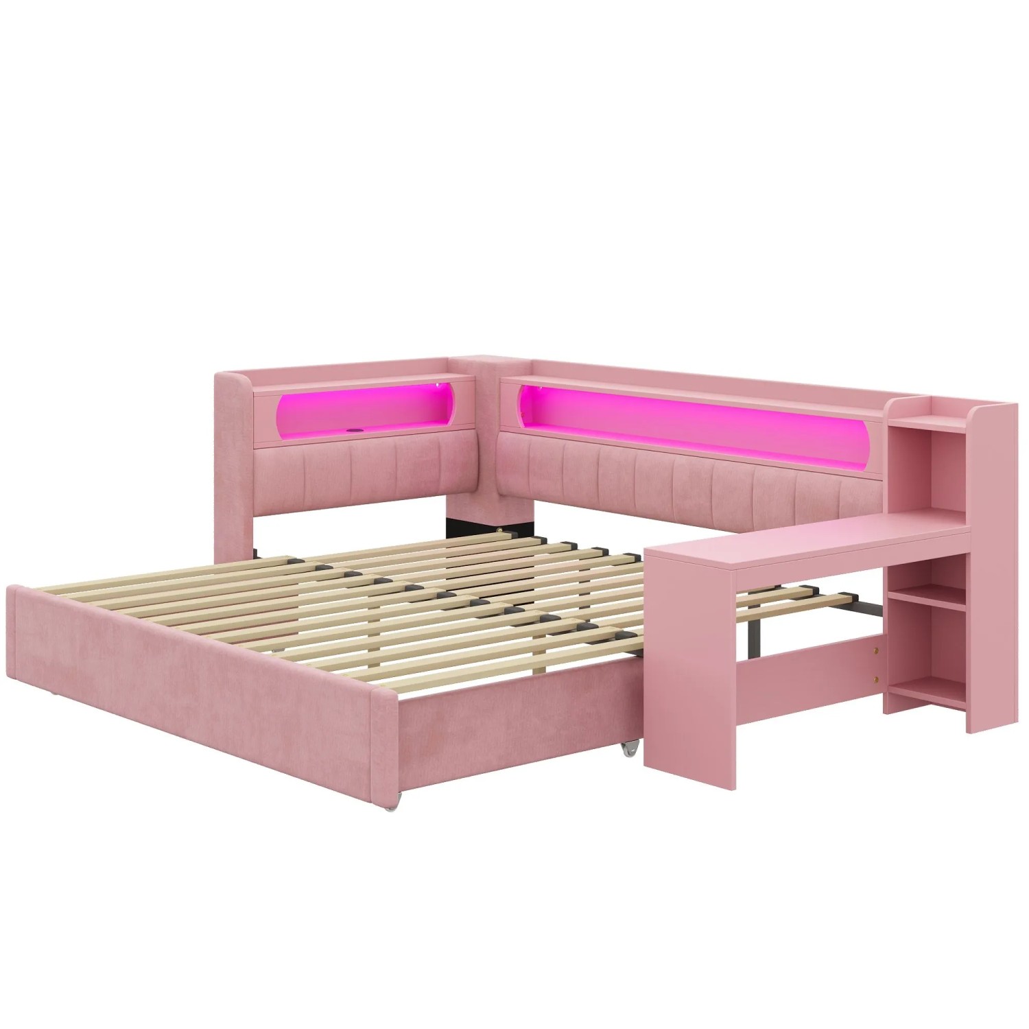 Merax Polster Tagesbett 90x200 Bis 180x200 cm Mit USB LED Ausziehbett Schreibtisch Rosa