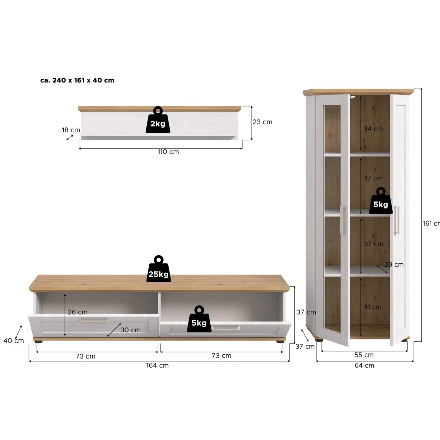 Wohnwand Mirano 3-teilig, weiß Lärche Landhaus. Vitrine, TV-Lowboard, Wandboard mit Eiche-Akzenten. Wohnzimmerschrank.