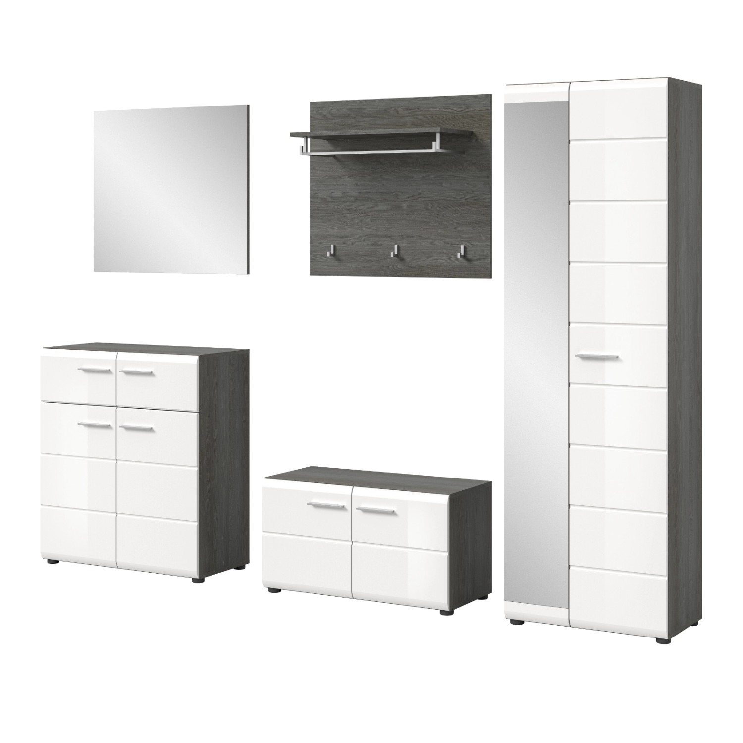 Inn.Furn Garderoben-Set 5-teilig Weiß Hochglanz Grau 250 cm Rumba günstig online kaufen