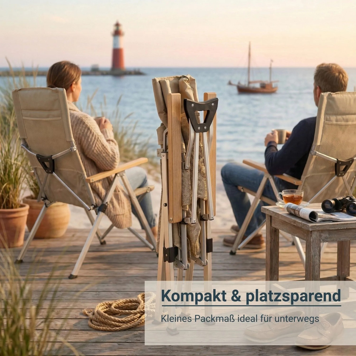 Beiger osoltus Faltsessel Campingstuhl mit Holzlehne, zusammengeklappt auf Holzdeck. Kompakt für Camping & Reise.