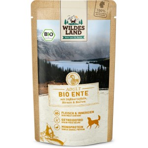 Wildes Land Bio Hunde-Nassfutter Ente mit Süßkartoffel, Birne und Beeren im 125g Beutel.