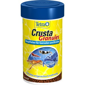Tetra Crusta Granules 100ml: Hauptfutter für Garnelen und Krebse im gelben Behälter.