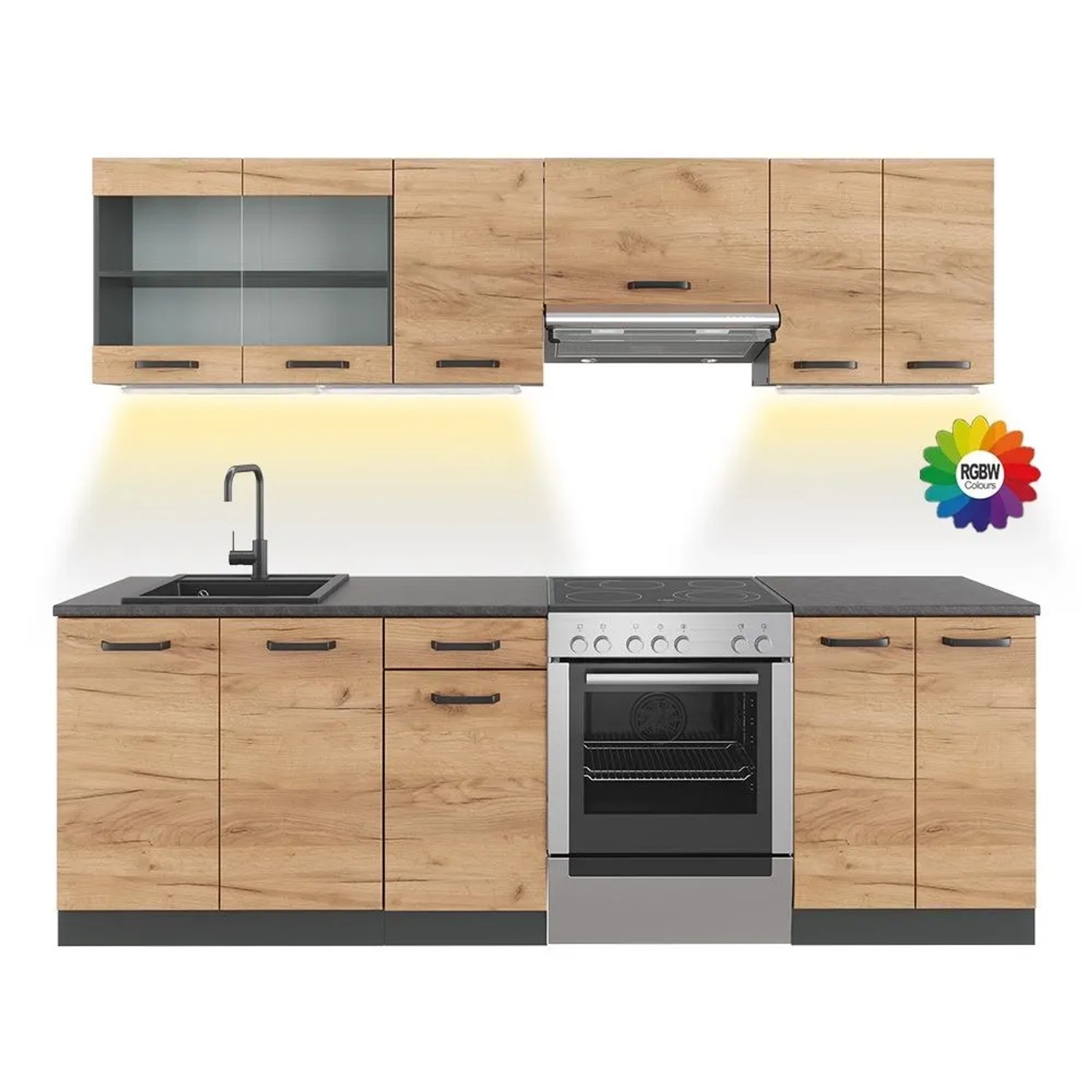 Vicco Küchenzeile R-Line Goldkraft Eiche/Anthrazit 240 x 82, AP Schwarz gemustert mit LED-Leisten