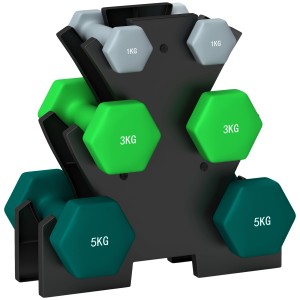 SPORTNOW Hantelset mit 6 Hanteln (1, 3, 5 kg) und Aufbewahrungsregal in Grau, Grün und Türkis.