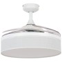 Weißer BEACON Deckenventilator Fanaway Fraser mit Beleuchtung und transparenten, eingeklappten Flügeln.