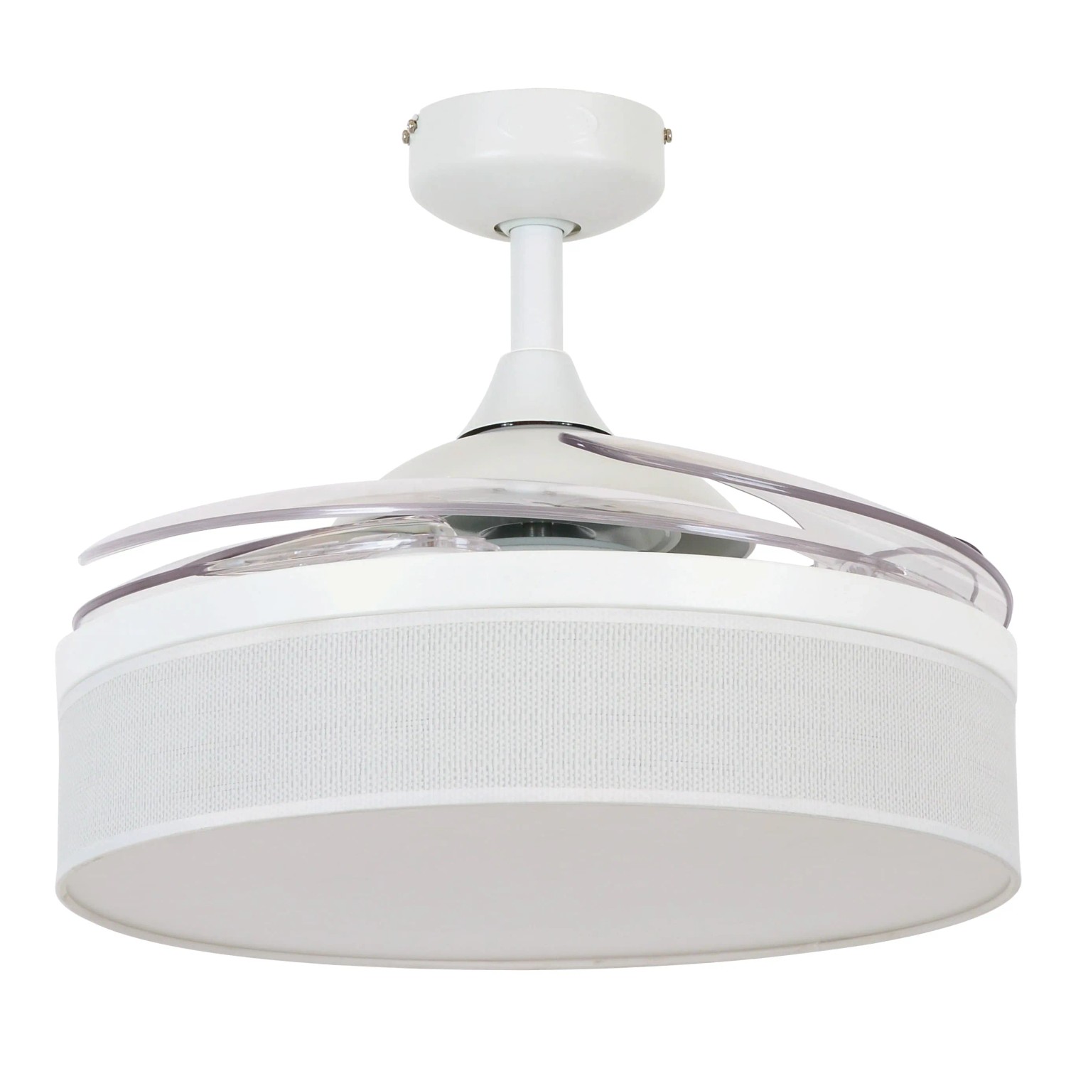 Weißer BEACON Deckenventilator Fanaway Fraser mit Beleuchtung und transparenten, eingeklappten Flügeln.