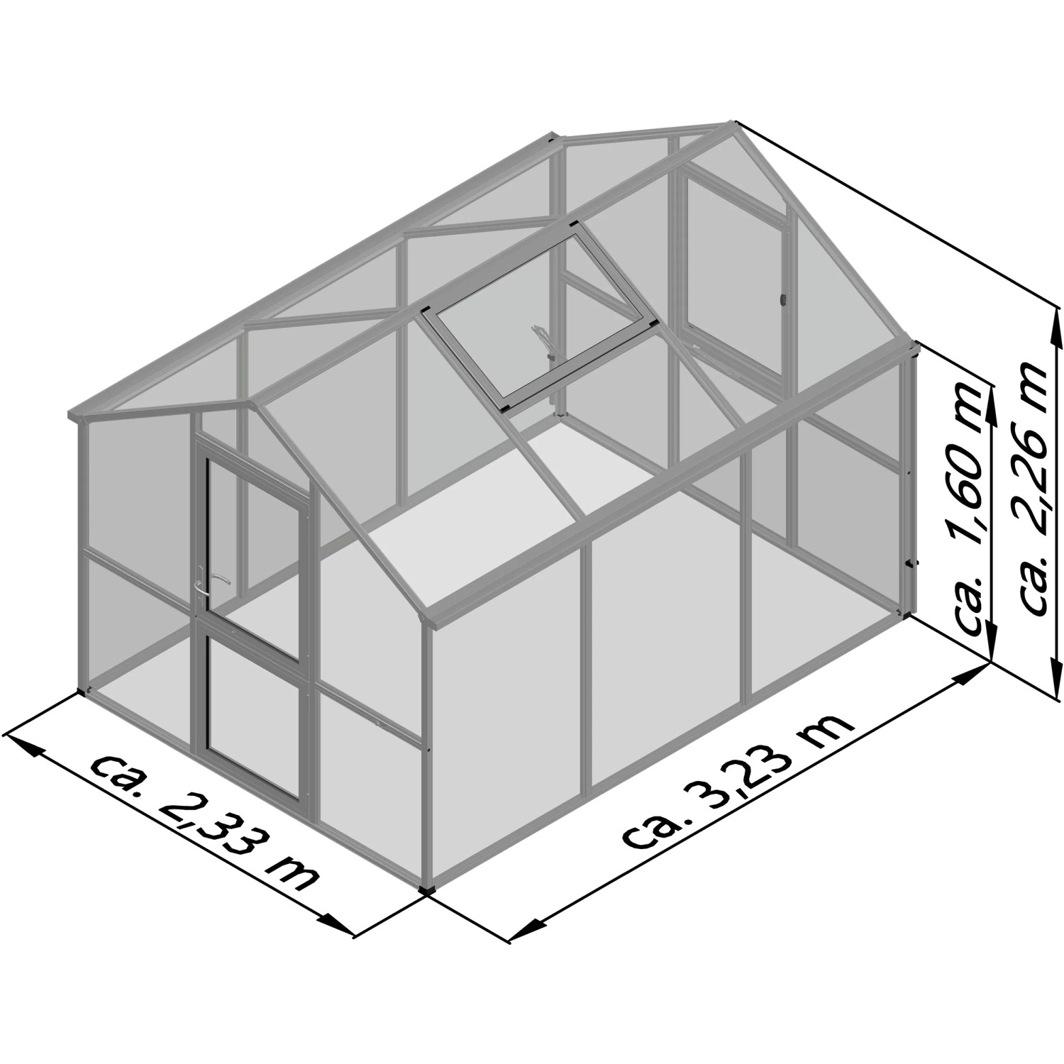 KGT Gewächshaus, 7,53 m², Anthrazit-Grau, mit Dachfenster und Maßen. Ideal für Pflanzenzucht.