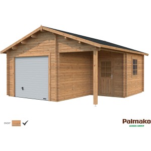Palmako Holzgarage Roger mit Sektionaltor, braun tauchgrundiert, mit Nebeneingang und Fenster.
