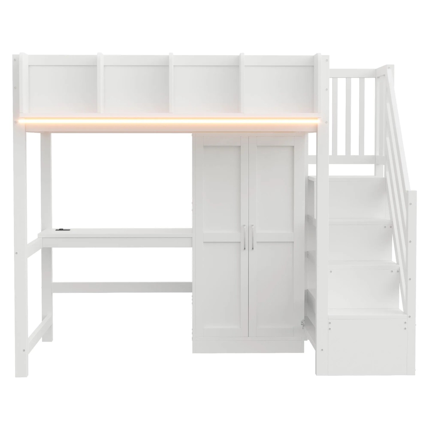 Merax Hochbett 90x200 cm Schreibtisch Schrank LED Weiß