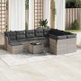 Hellgraue 11-tlg. vidaXL Garten-Sofagarnitur aus Polyrattan mit dunklen Kissen und Tisch.