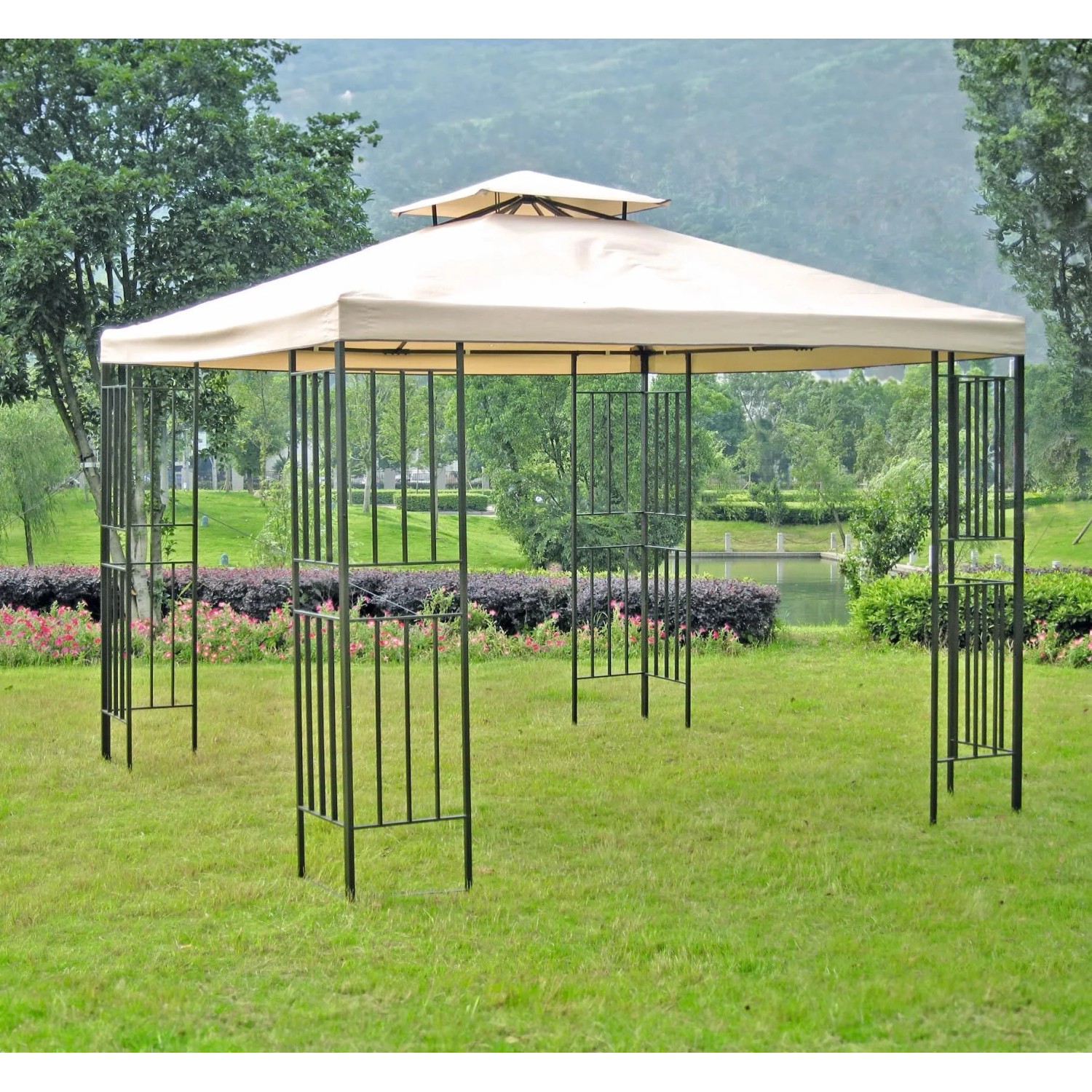 Schwarzer DELUKE Pavillon ROLAND aus Stahl mit beigem Dach für Garten/Terrasse.