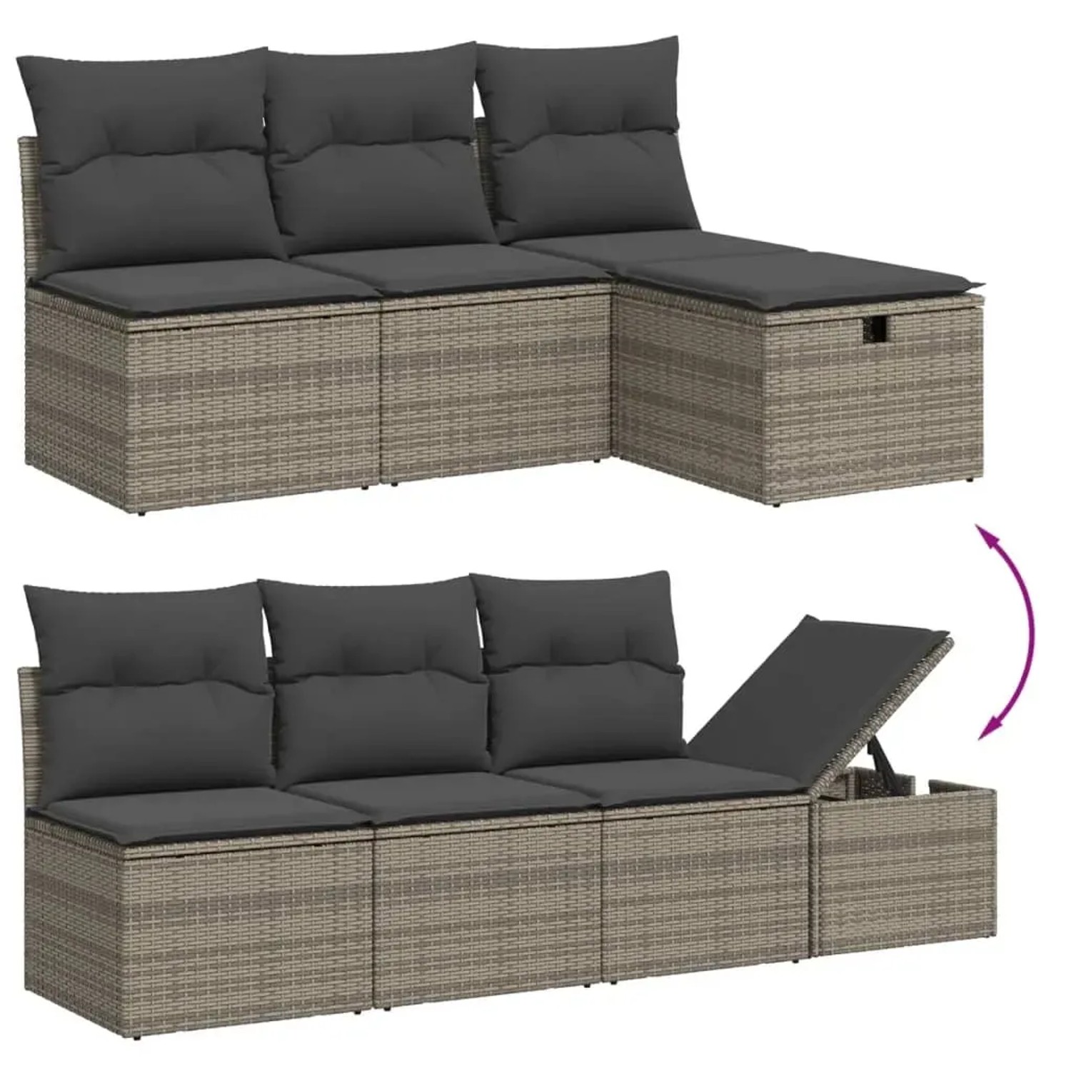 Graue 7-teilige Garten-Sofagarnitur aus Polyrattan mit Kissen, modulare Bauweise.