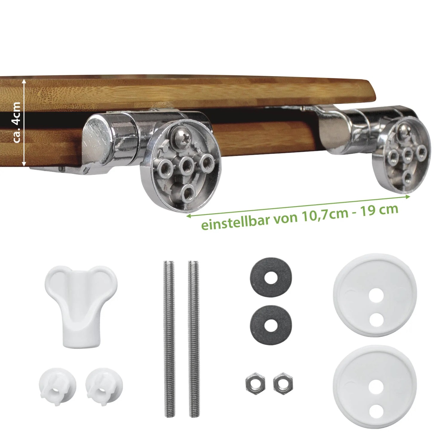 Montage-Details des Bambus WC-Sitzes mit Hai-Gravur, inklusive Scharniere und Befestigungsmaterial.