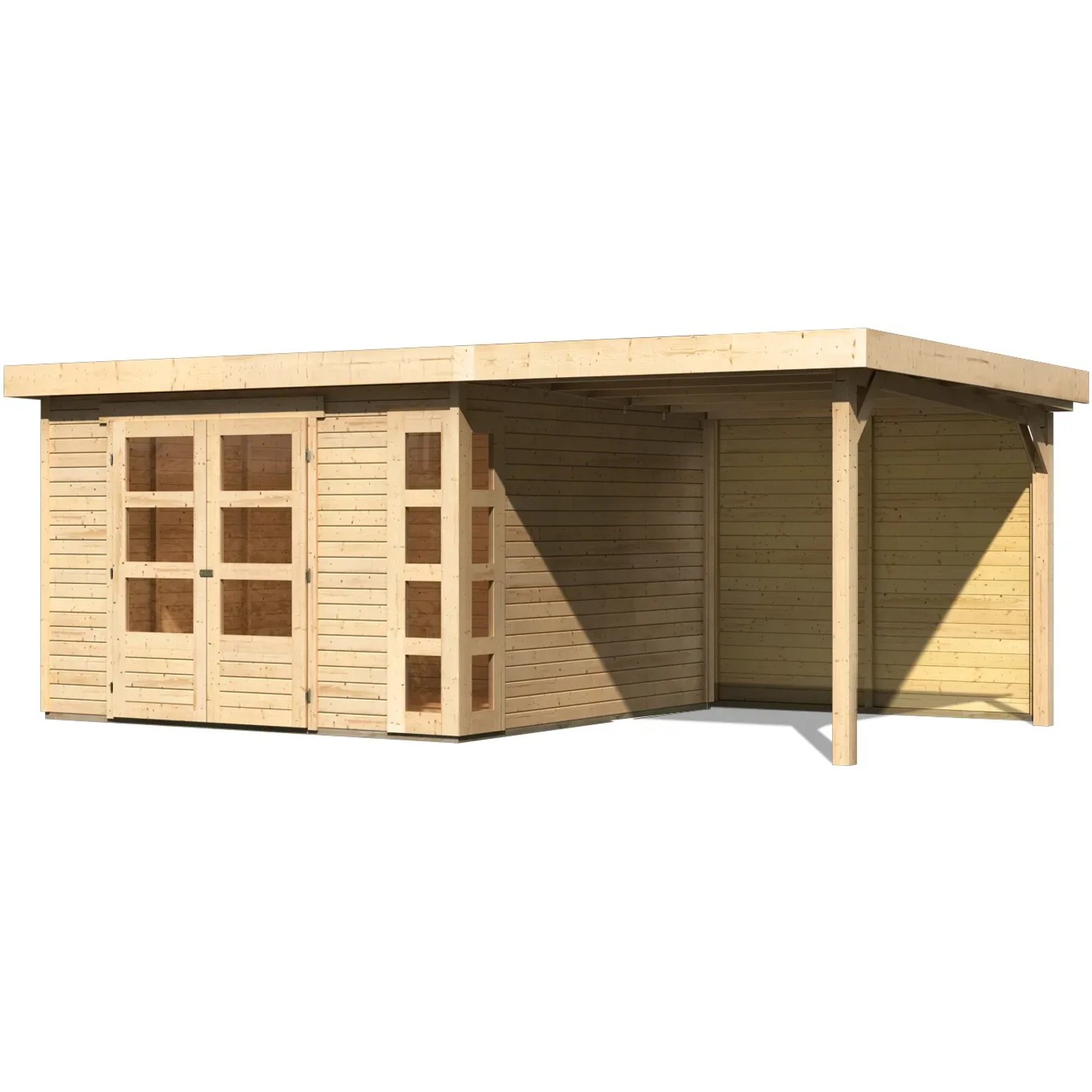 Karibu Gartenhaus Sölve 6, naturbelassen, mit Anbaudach und Rückwand. Holz-Gartenhaus mit Flachdach.