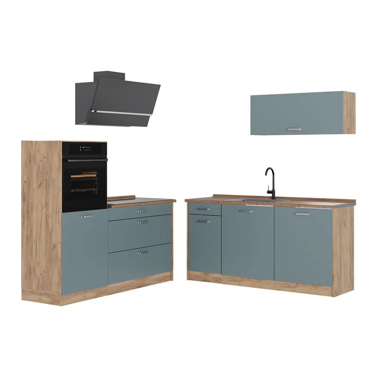 Vicco Küchenzeile R-Line Blau-Grau/Goldkraft Eiche 160 x 143 ohne Arbeitsplatte Art Nr 66920