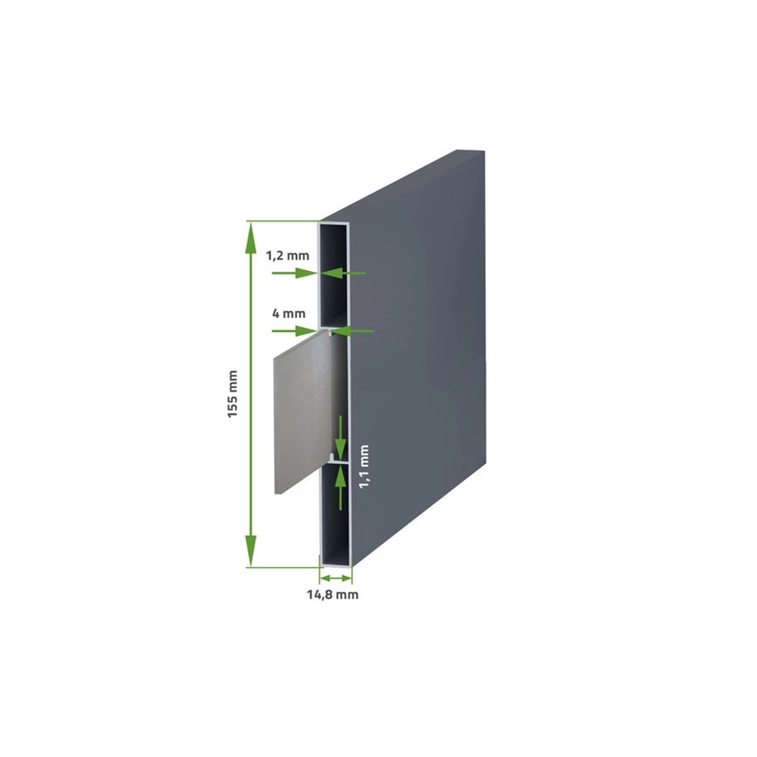 Detailansicht Casanoov Flügeltor Vogel: Aluminiumprofil mit Maßangaben.