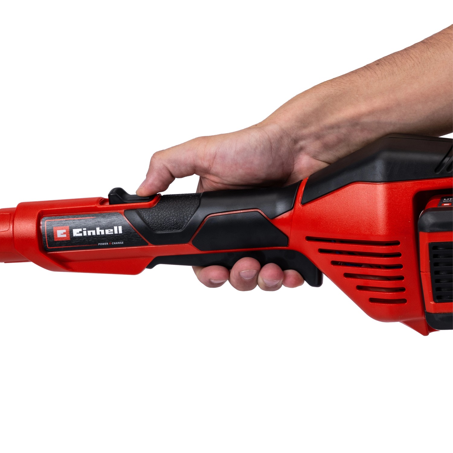 Einhell Akku-Rasentrimmer GE-CT 36/30 Li E-Solo in roter Farbe, bedient von einer Hand.