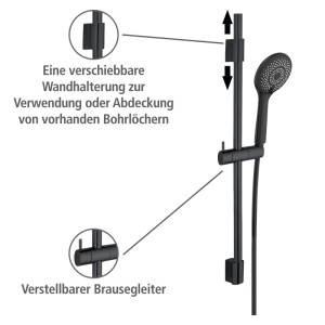 Wenko Brauseset Schwarz: Duschstange mit verschiebbarer Wandhalterung und verstellbarem Brausegleiter.