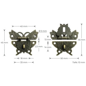 HMF 6495-VS2 Vintage Verschluss Schmetterling mit Schlossöse 50 x 45 mm Bronze