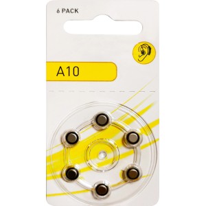 Verpackung Hörgerätebatterie A10, 6 Stück. Knopfzellen für Hörgeräte.