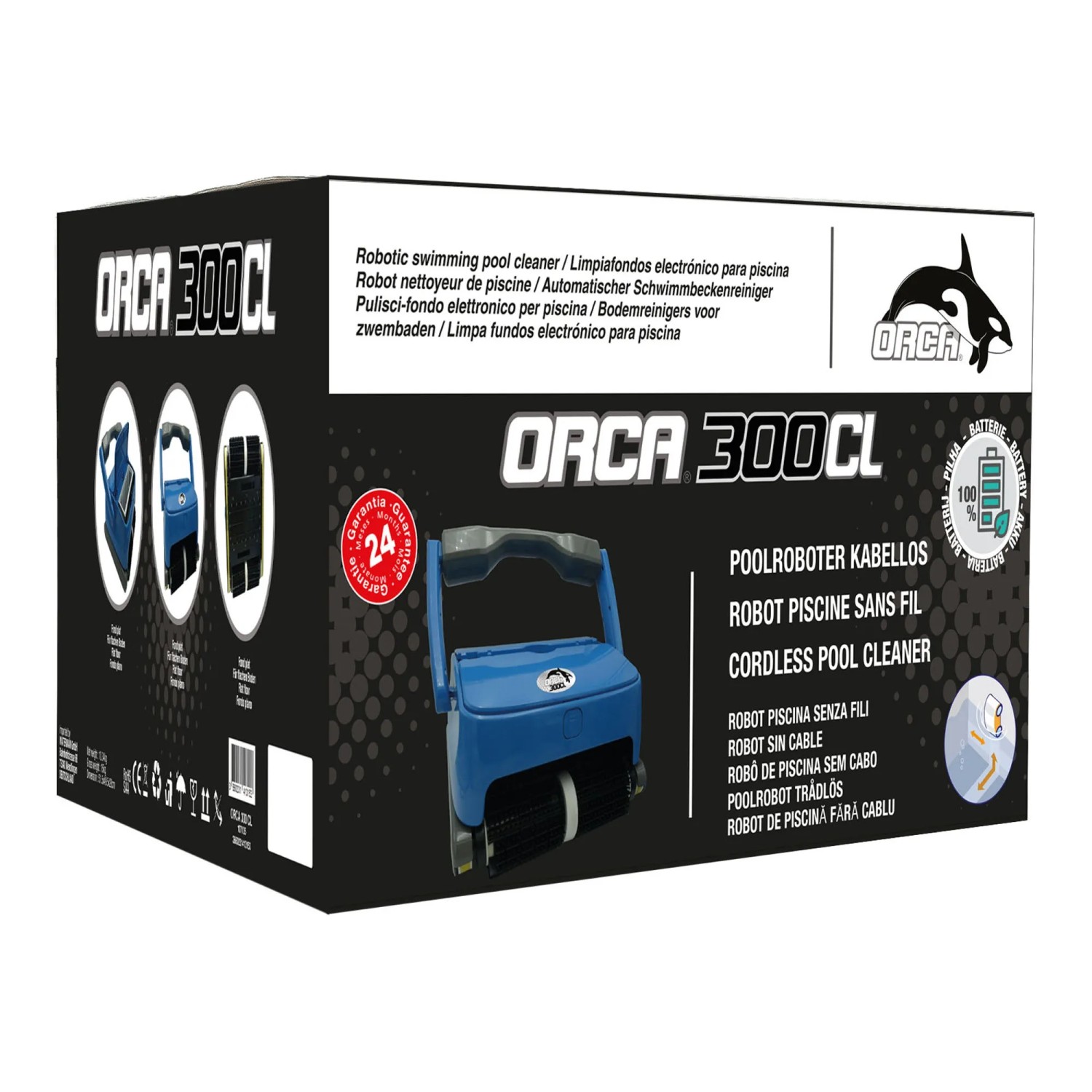 Verpackung des Akku-Poolroboters Orca 300 CL für Poolboden, -wand und Wasserlinie.
