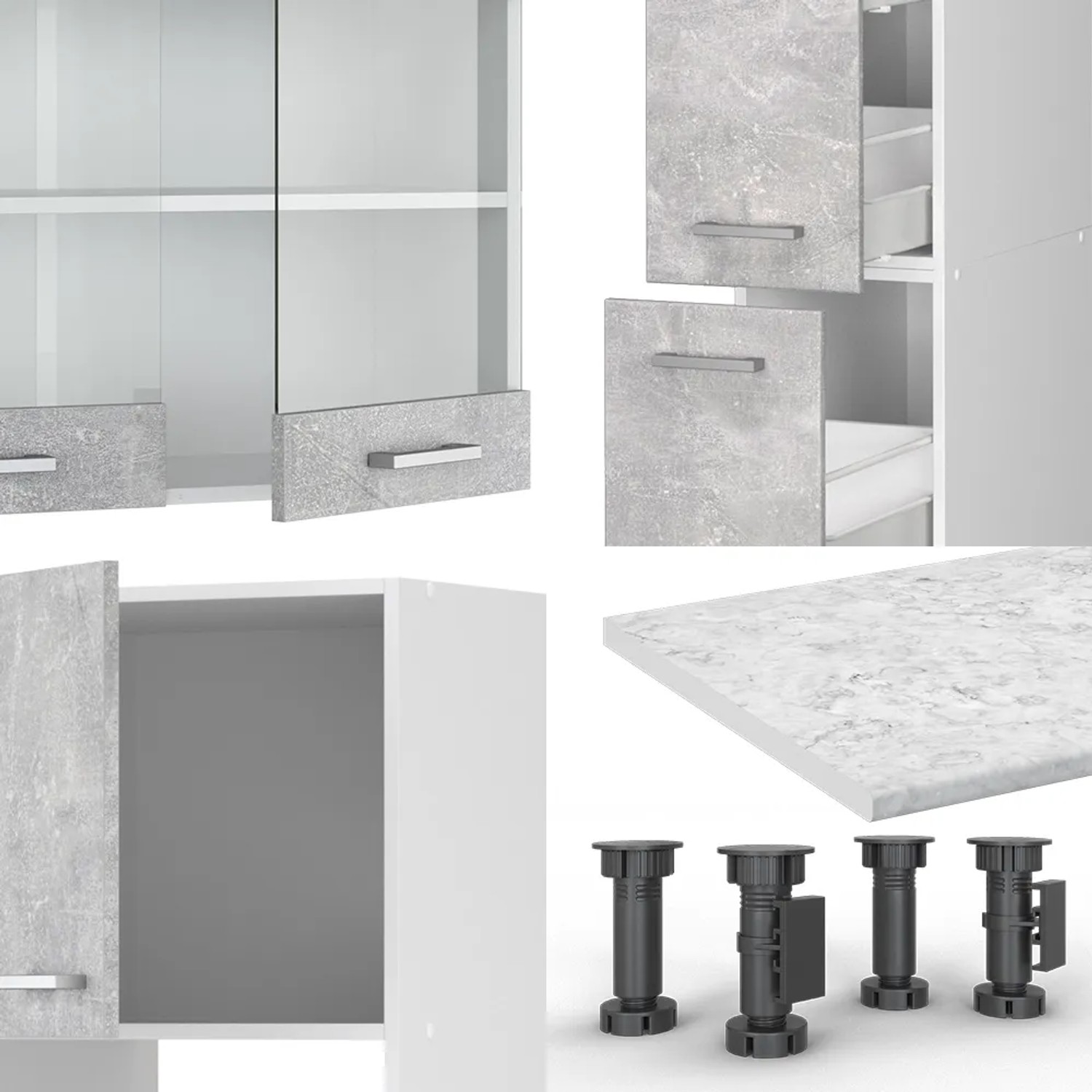 Vicco R-Line Küchenzeile 350 cm in Beton/Weiß, Detailansicht von Schränken, Füßen und Arbeitsplatte.