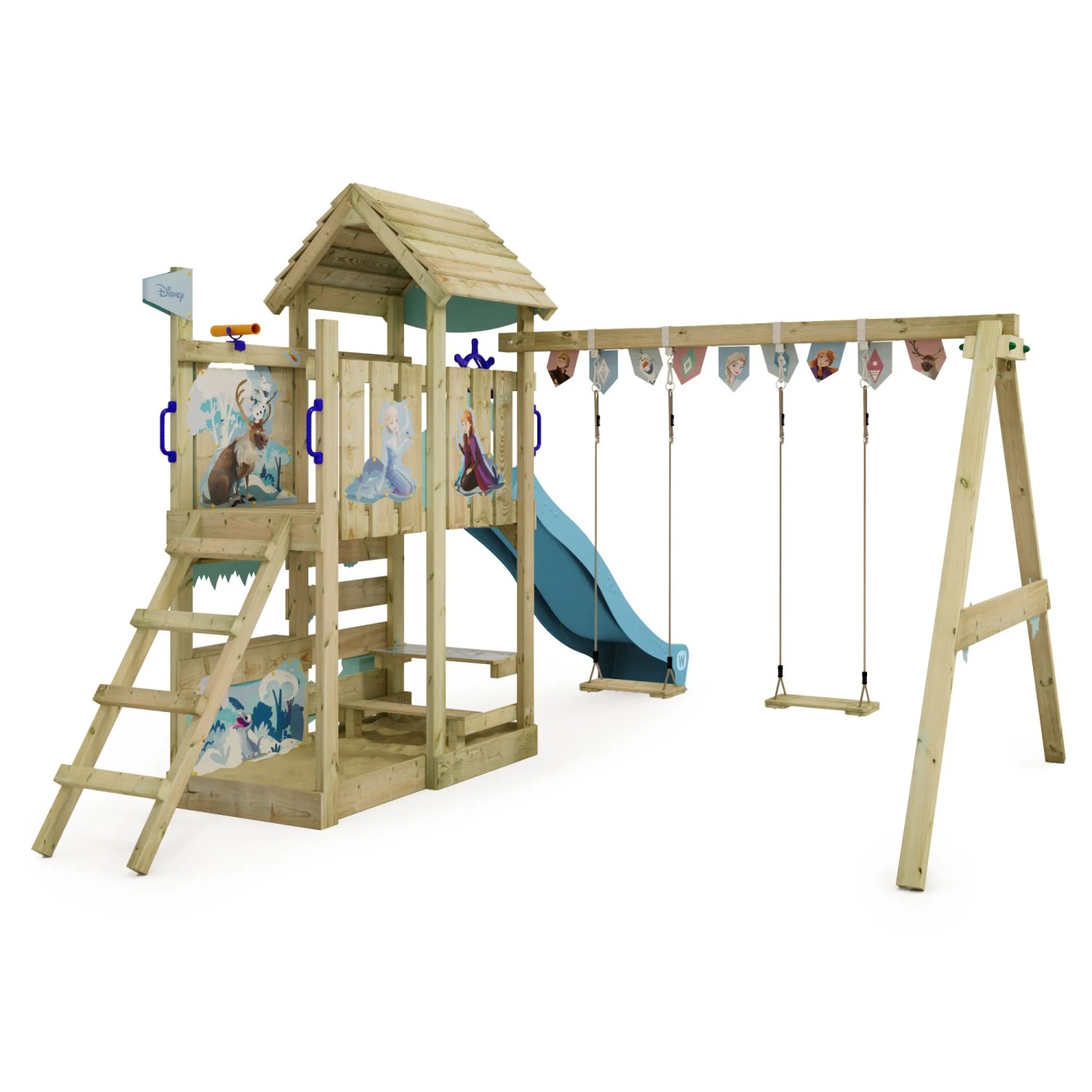 Wickey Disney Adventure Spielturm mit Rutsche und Schaukel in Pastellblau.